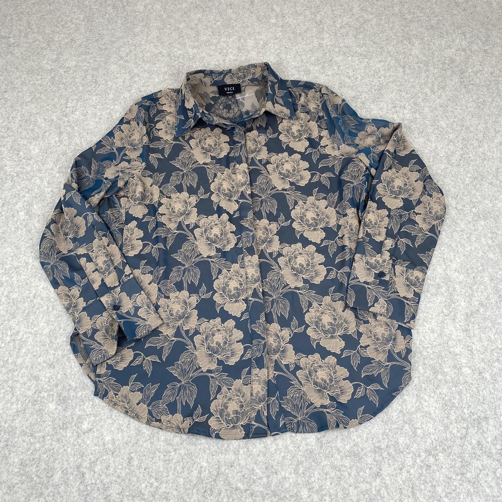 VICI Shirt Womens Small Blue Floral Button Front Long Sleeve Blouse ACT10056-1A